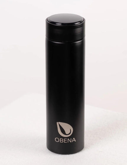 Bouteille isotherme noir Obéna avec affichage LED de la température, conçue pour maintenir les boissons chaudes ou froides pendant plusieurs heures.